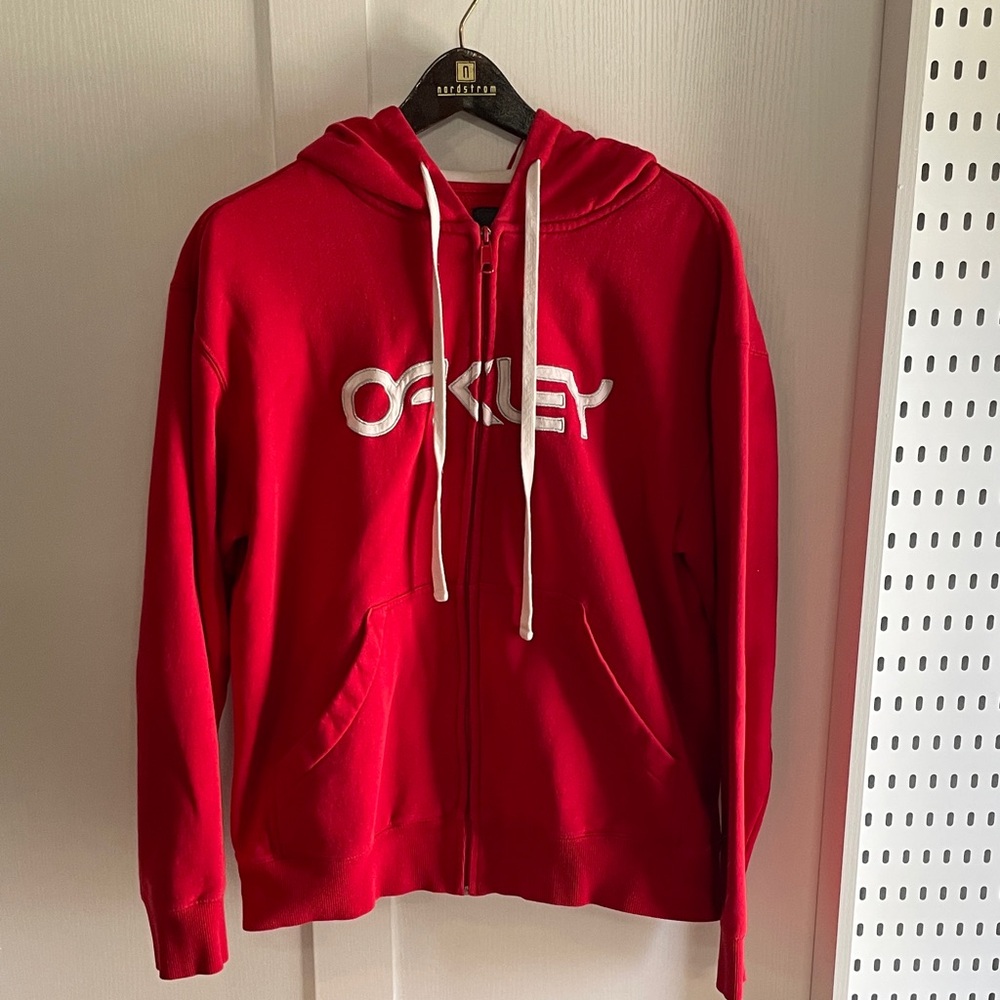 Oakley Red Hoodie with White and metallic silver embroidered Logo